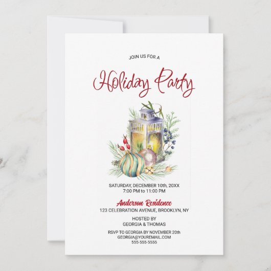 Waterverf Lantaarn en Baubles Holiday Party Kaart (Voorkant)