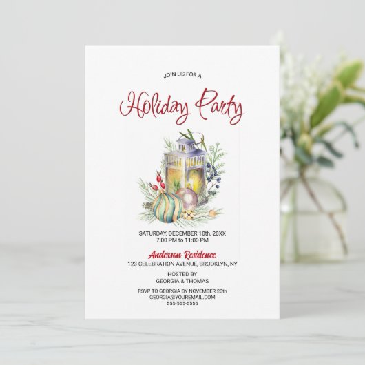 Waterverf Lantaarn en Baubles Holiday Party Kaart (Staand voorkant)
