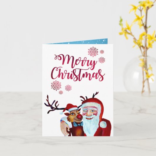 Waterverf Laughing Santa Claus Rudolf Smiling Kaart (Gele Bloem)