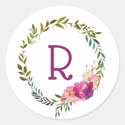 Waterverf Laurel en Flower Monogram krans Ronde Sticker (Voorkant)