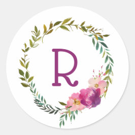 Waterverf Laurel en Flower Monogram krans Ronde Sticker