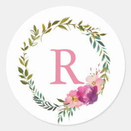 Waterverf Laurel en Flower Pink Monogram krans Ronde Sticker