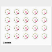 Waterverf Laurel en Flower Pink Monogram krans Ronde Sticker (Vel)