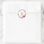 Waterverf Laurel en Flower Pink Monogram krans Ronde Sticker (Tas)