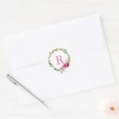 Waterverf Laurel en Flower Pink Monogram krans Ronde Sticker (Envelop)