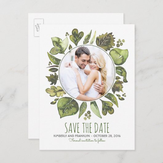 Waterverf Laurel Greenery Foto Bewaar de datum Aankondigingskaart (Voorkant / Achterkant)