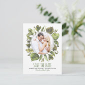 Waterverf Laurel Greenery Foto Bewaar de datum Aankondigingskaart (Staand voorkant)