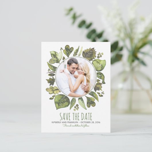 Waterverf Laurel Greenery Foto Bewaar de datum Aankondigingskaart (Staand voorkant)