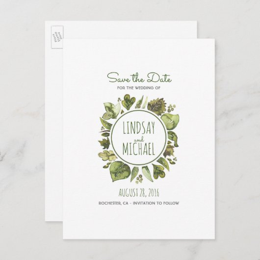 Waterverf Laurel - Greenery Wreath Save the Date Aankondigingskaart (Voorkant / Achterkant)