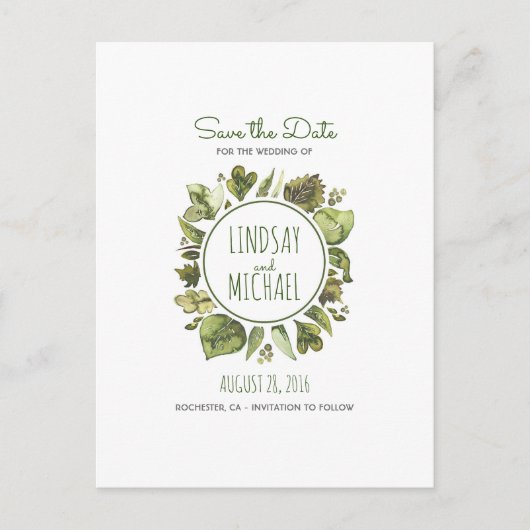 Waterverf Laurel - Greenery Wreath Save the Date Aankondigingskaart (Voorkant)