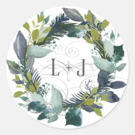Waterverf Laurel krans Koppels Monogram Initialen Ronde Sticker