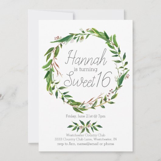 Waterverf Laurel Krans Sweet Sixteen Invitation Kaart (Voorkant)