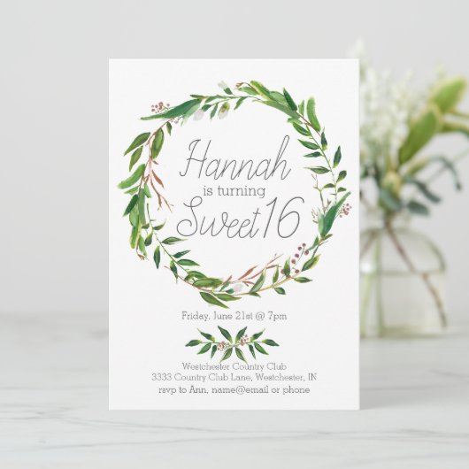Waterverf Laurel Krans Sweet Sixteen Invitation Kaart (Staand voorkant)