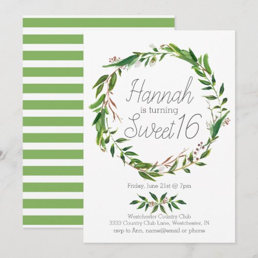 Waterverf Laurel Krans Sweet Sixteen Invitation Kaart (Voorkant / Achterkant)