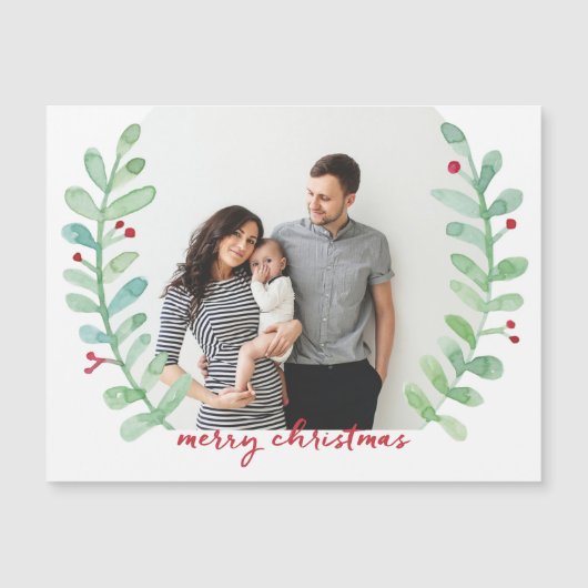 Waterverf Laurel Wreath Merry-kerstfoto (Voorkant)