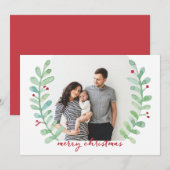 Waterverf Laurel Wreath Merry-kerstfoto Feestdagenkaart (Voorkant / Achterkant)