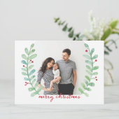 Waterverf Laurel Wreath Merry-kerstfoto Feestdagenkaart (Staand voorkant)