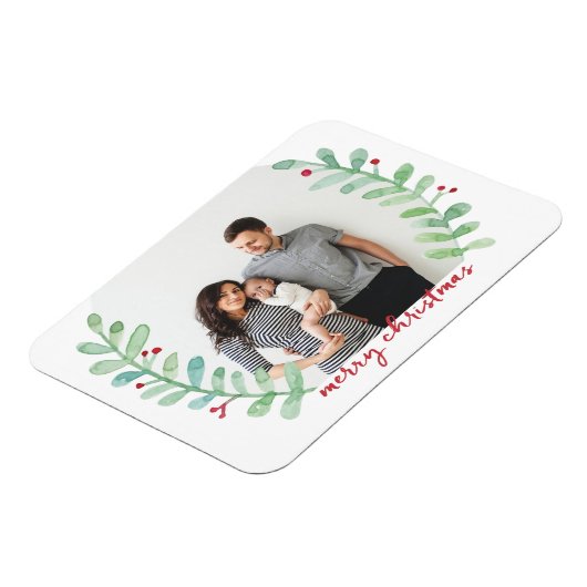 Waterverf Laurel Wreath Merry-kerstfoto Magneet (Linkerzijde)