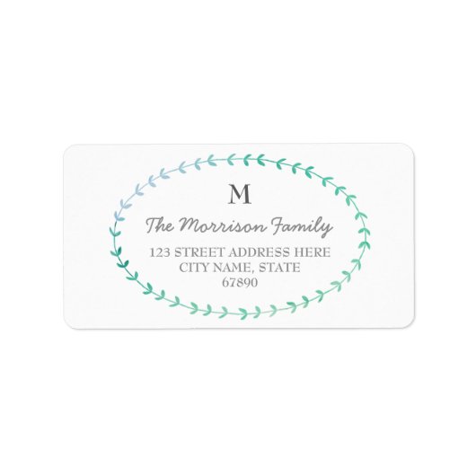 Waterverf Laurel Wreath Monogram Adresetiketten Etiket (Voorkant)