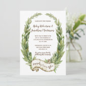 Waterverf Laurel Wreath Scroll Banner Wedding Kaart (Staand voorkant)