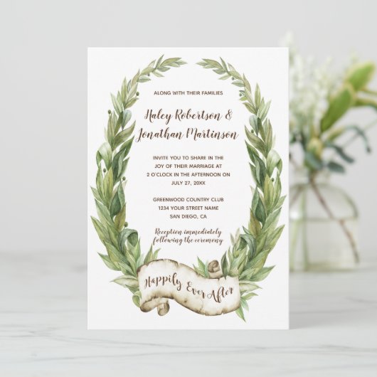 Waterverf Laurel Wreath Scroll Banner Wedding Kaart (Staand voorkant)