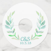 Waterverf Laurels en koeskoes Initialen bruiloft Wijnglaslabel (Voorkant)