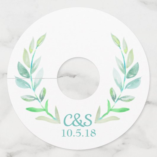 Waterverf Laurels en koeskoes Initialen bruiloft Wijnglaslabel (Voorkant)