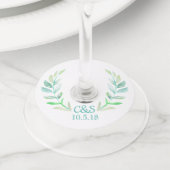 Waterverf Laurels en koeskoes Initialen bruiloft Wijnglaslabel (Dichtbij)