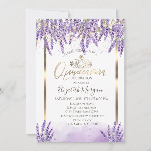 Waterverf Lavanda, String Lights Quinceanera Kaart (Voorkant)