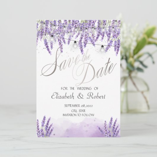 Waterverf Lavander String Lights Save The Date (Staand voorkant)