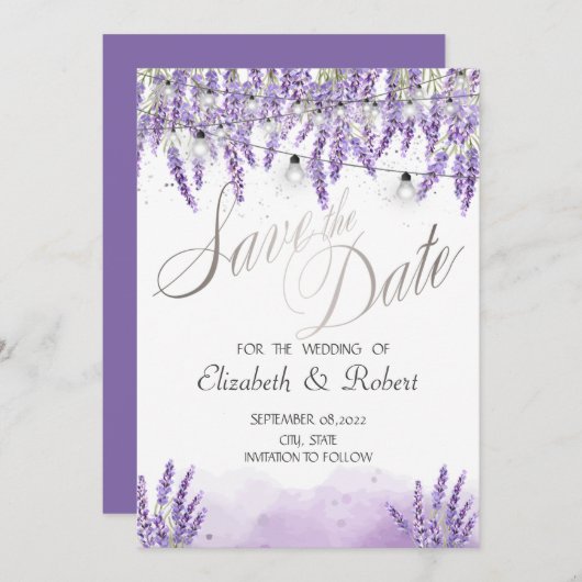 Waterverf Lavander String Lights Save The Date (Voorkant / Achterkant)