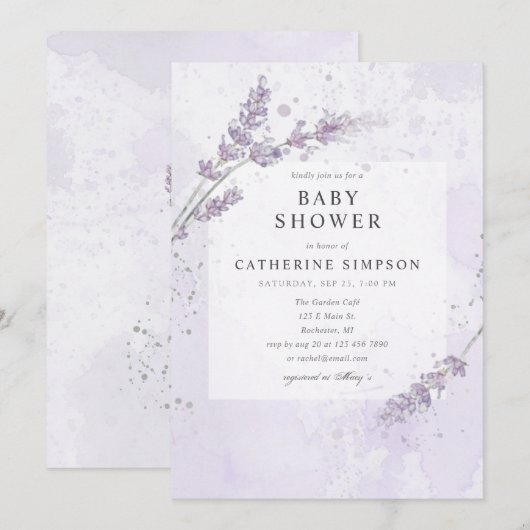 Waterverf lavendel baby shower kaart (Voorkant / Achterkant)