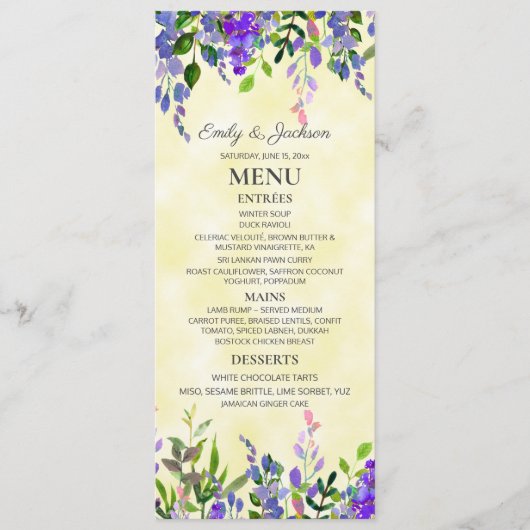Waterverf Lavendel Bloem Geel Bruiloft Menu (Voorkant)