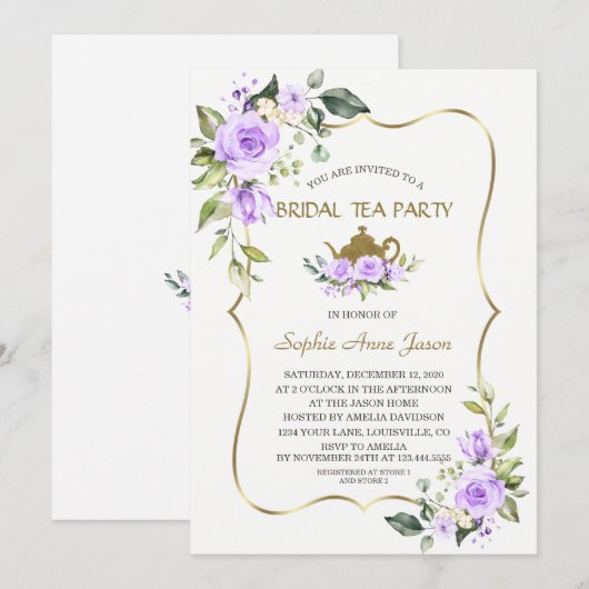 Waterverf Lavendel Bloemen Gouden Bruilofts Theepa Kaart (Voorkant / Achterkant)