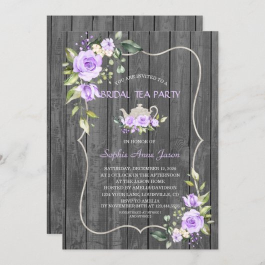 Waterverf Lavendel Bloemen Houten Bruilofts Theepa Kaart (Voorkant / Achterkant)