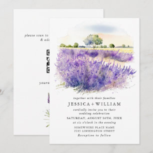 Waterverf Lavendel Bloemen Veld Bruiloft QR code Kaart