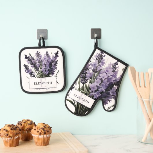 Waterverf lavendel boeket gepersonaliseerd ovenwant & pannenlap set (Insitu(Ophanging))