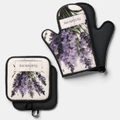 Waterverf lavendel boeket gepersonaliseerd ovenwant & pannenlap set (Voorkant / Achterkant)