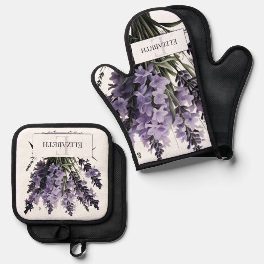 Waterverf lavendel boeket gepersonaliseerd ovenwant & pannenlap set (Voorkant / Achterkant)