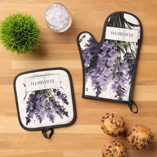 Waterverf lavendel boeket gepersonaliseerd ovenwant & pannenlap set (Top down)