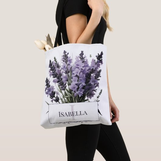 Waterverf lavendel boeket gepersonaliseerd tote bag (Dichtbij)