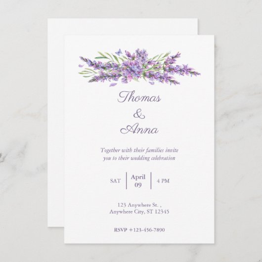 Waterverf Lavendel Eenvoudige Huwelijksuitnodiging Kaart (Voorkant / Achterkant)