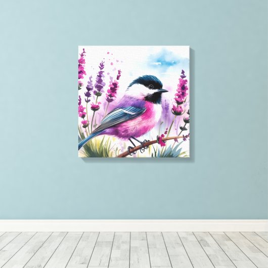 Waterverf Lavendel en Chickadee Canvas Afdruk (Insitu (Houten vloer))