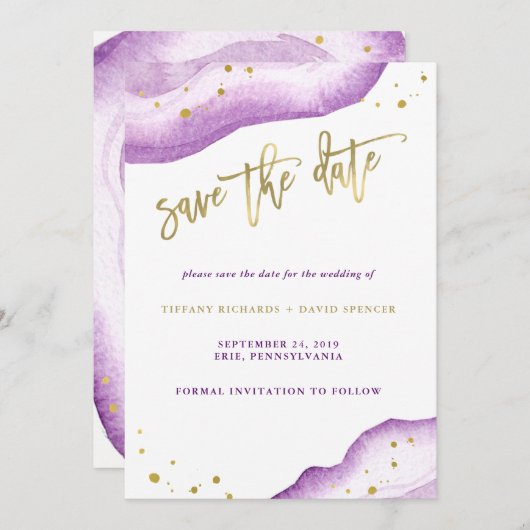 Waterverf lavendel en gouden geode Bewaar de datum Save The Date (Voorkant / Achterkant)