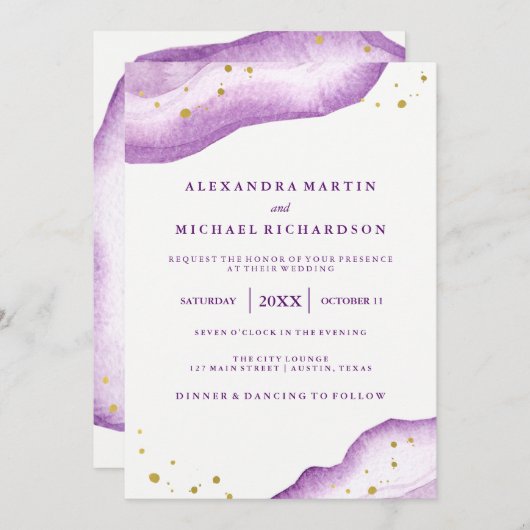 Waterverf lavendel en gouden geode bruiloft II Kaart (Voorkant / Achterkant)