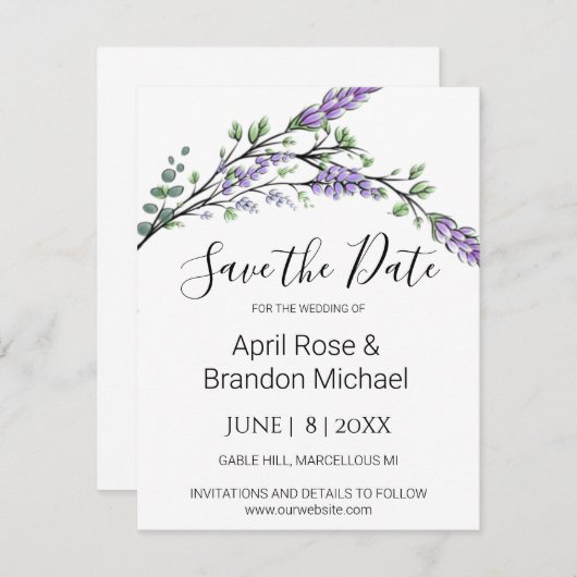 Waterverf Lavendel Eucalyptus Bewaar de datum Save The Date (Voorkant / Achterkant)