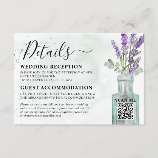 Waterverf Lavendel & Eucalyptus bruiloft details Informatiekaartje (Voorkant)