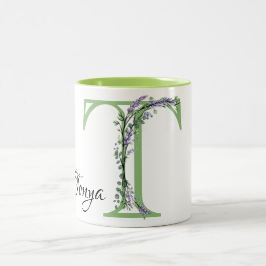 Waterverf Lavendel Eucalyptus monogram letter T Tweekleurige Koffiemok (Center)