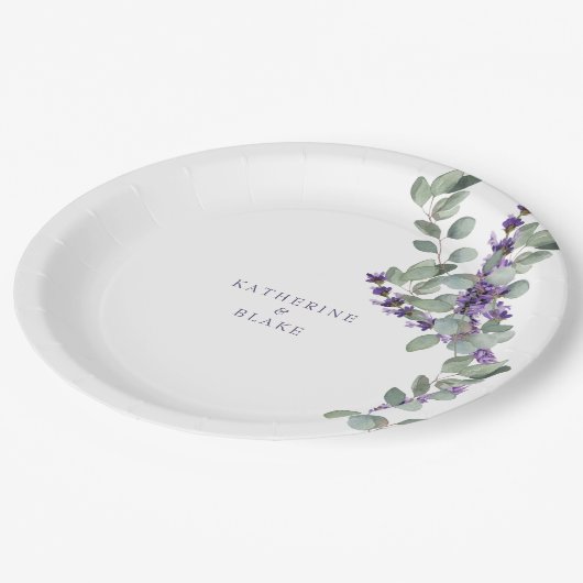 Waterverf Lavendel & Eucalyptus Namen Bruiloft Papieren Bordje (Gekanteld)