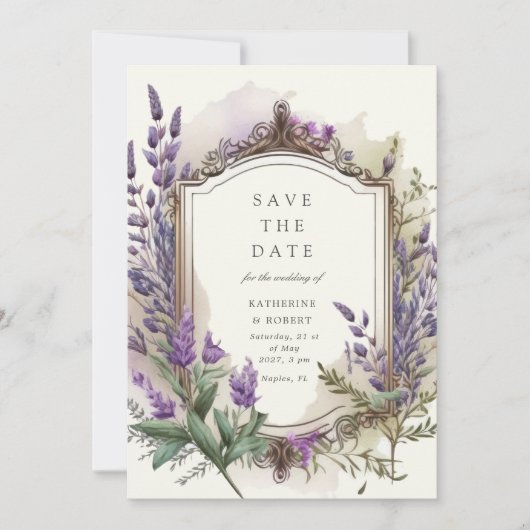 Waterverf Lavendel Floral Regal Save the Date Kaart (Voorkant)